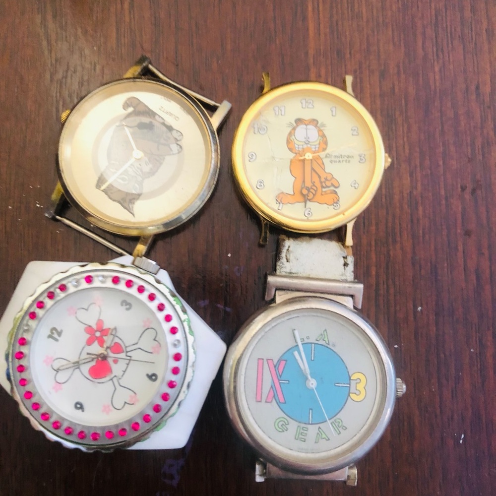 Set of 4 Novelty Wrist Watches — Pink, White, Gold, Blue Accents